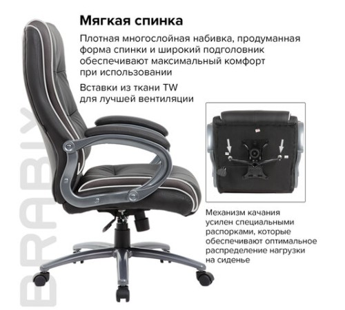 Кресло офисное BRABIX PREMIUM "Strong HD-009", НАГРУЗКА до 200 кг, экокожа черная, ткань серая, 531945