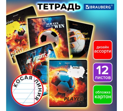 Тетрадь 12 л. BRAUBERG косая линия, обложка картон, ФУТБОЛ, 107290