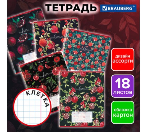 Тетрадь 18 л. BRAUBERG, клетка, обложка картон, ГРАНАТ, 107296