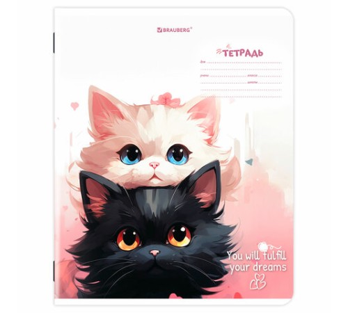 Тетрадь 18 л. BRAUBERG клетка, обложка картон, КОТИКИ, 107300