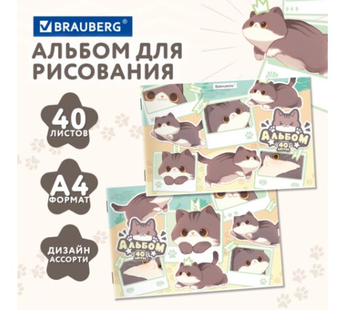 Альбом для рисования А4 40 л., скоба, обложка картон, BRAUBERG, 203х288 мм, кросс-серия 