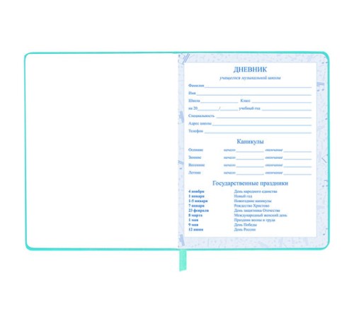 Дневник для музыкальной школы 170х215 мм, 48 л., обложка кожзам твердая, фольга, BRAUBERG, справочный материал, КОТИК, 107367