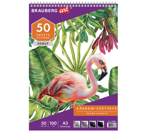 Скетчбук, белая бумага 100 г/м2, 297х410 мм, 50 л., гребень, жёсткая подложка, BRAUBERG ART DEBUT, 110980