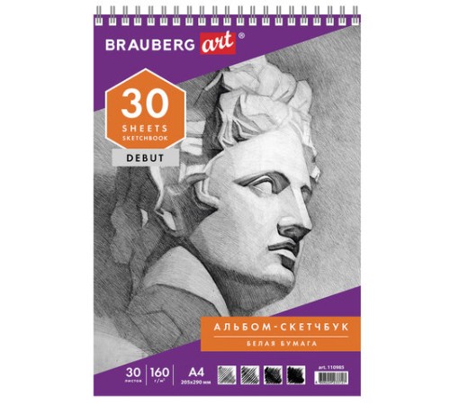 Скетчбук, белая бумага 160 г/м2, 205х290 мм, 30 л., гребень, жёсткая подложка, BRAUBERG ART DEBUT, 110985