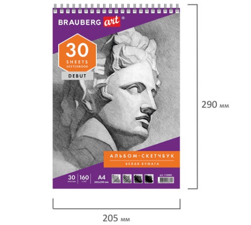 Скетчбук, белая бумага 160 г/м2, 205х290 мм, 30 л., гребень, жёсткая подложка, BRAUBERG ART DEBUT, 110985