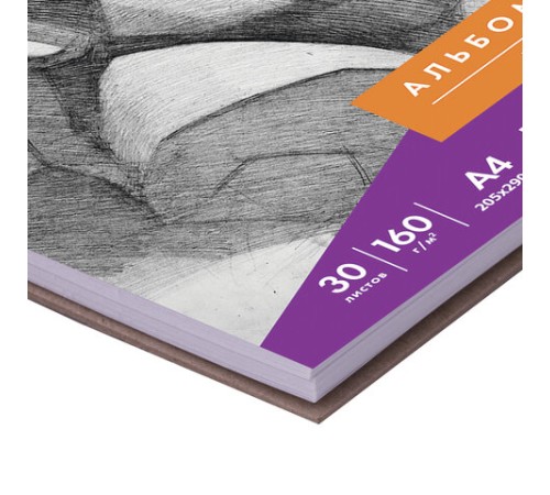 Скетчбук, белая бумага 160 г/м2, 205х290 мм, 30 л., гребень, жёсткая подложка, BRAUBERG ART DEBUT, 110985