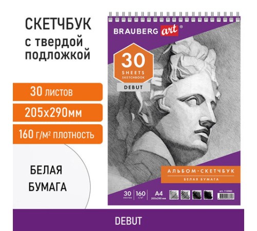 Скетчбук, белая бумага 160 г/м2, 205х290 мм, 30 л., гребень, жёсткая подложка, BRAUBERG ART DEBUT, 110985