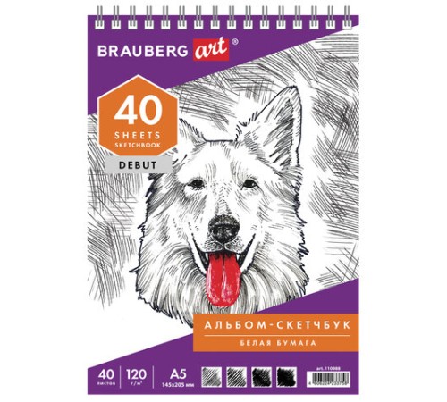 Скетчбук, белая бумага 120 г/м2, 145х205 мм, 40 л., гребень, жёсткая подложка, BRAUBERG ART DEBUT, 110988