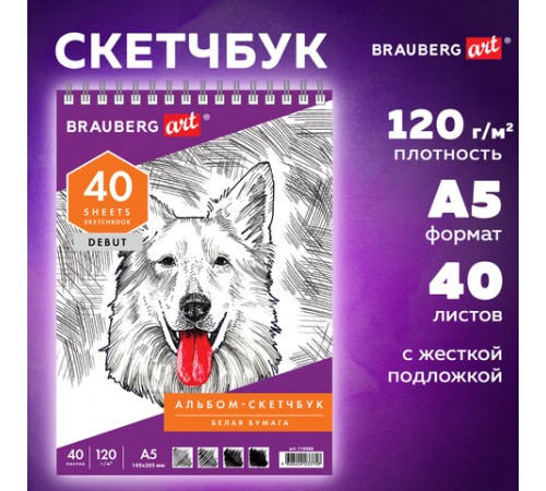 Скетчбук, белая бумага 120 г/м2, 145х205 мм, 40 л., гребень, жёсткая подложка, BRAUBERG ART DEBUT, 110988
