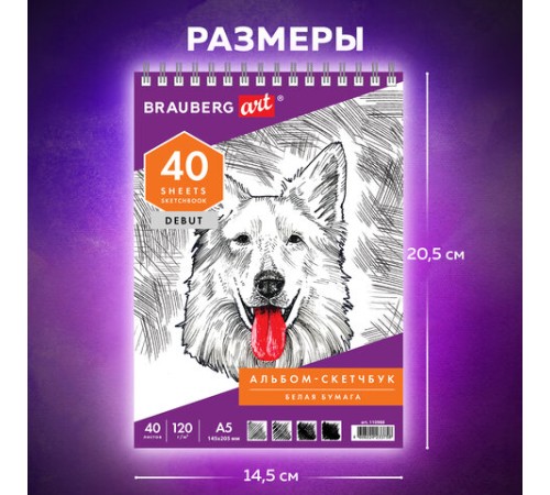 Скетчбук, белая бумага 120 г/м2, 145х205 мм, 40 л., гребень, жёсткая подложка, BRAUBERG ART DEBUT, 110988