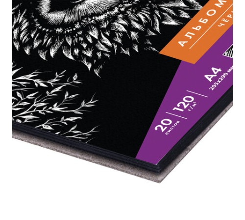 Скетчбук, черная бумага 120 г/м2, 205х290 мм, 20 л., гребень, жёсткая подложка, BRAUBERG ART DEBUT, 110995