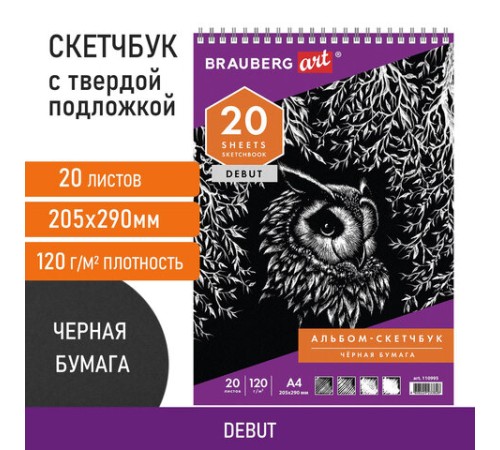 Скетчбук, черная бумага 120 г/м2, 205х290 мм, 20 л., гребень, жёсткая подложка, BRAUBERG ART DEBUT, 110995