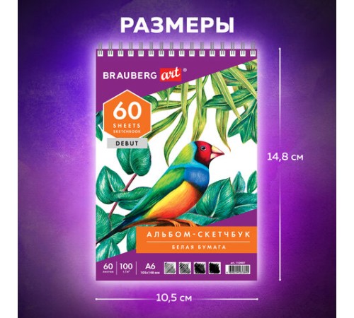 Скетчбук, белая бумага 100 г/м2, 105х148 мм, 60 л., гребень, жёсткая подложка, BRAUBERG ART DEBUT, 110997