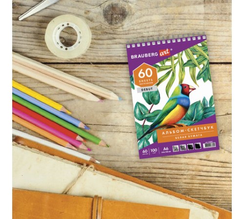 Скетчбук, белая бумага 100 г/м2, 105х148 мм, 60 л., гребень, жёсткая подложка, BRAUBERG ART DEBUT, 110997