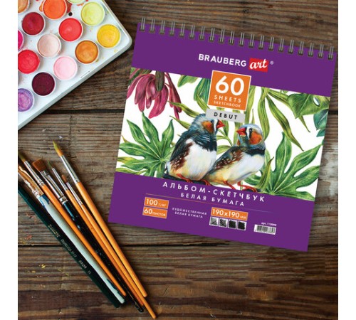Скетчбук, белая бумага 100 г/м2, 190х190 мм, 60 л., гребень, жёсткая подложка, BRAUBERG ART DEBUT, 110998