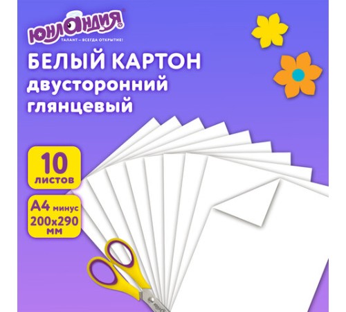 Картон белый А4 МЕЛОВАННЫЙ (белый оборот), 10 листов, в папке, ЮНЛАНДИЯ, 200х290 мм, 