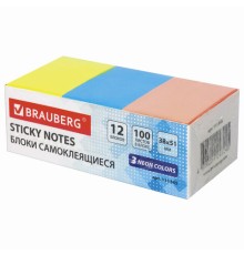 Блоки самоклеящиеся (стикеры) BRAUBERG 38х51 мм, 100 листов, НАБОР 12 штук, 3 неоновых цвета, 111345