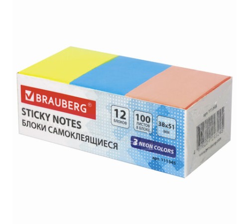 Блоки самоклеящиеся (стикеры) BRAUBERG 38х51 мм, 100 листов, НАБОР 12 штук, 3 неоновых цвета, 111345