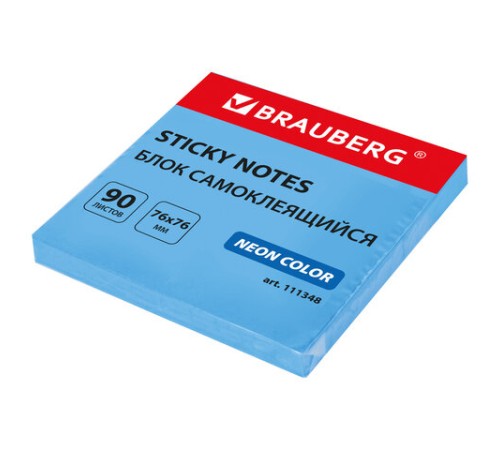 Блок самоклеящийся (стикеры) BRAUBERG НЕОНОВЫЙ 76х76 мм, 90 листов, голубой, 111348