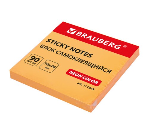 Блок самоклеящийся (стикеры) BRAUBERG НЕОНОВЫЙ 76х76 мм, 90 листов, оранжевый, 111349