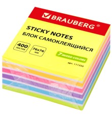 Блок самоклеящийся (стикеры) BRAUBERG НЕОНОВЫЙ 76х76 мм, 400 листов, 7 цветов, 111350