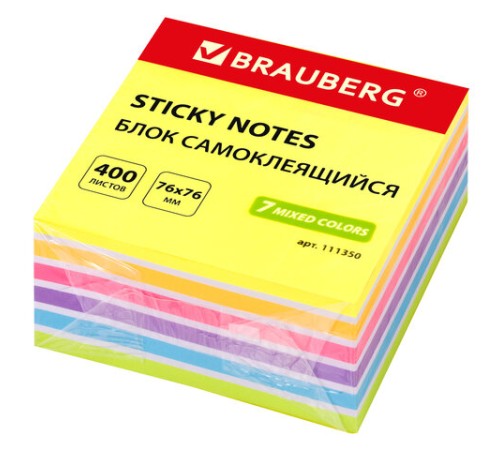 Блок самоклеящийся (стикеры) BRAUBERG НЕОНОВЫЙ 76х76 мм, 400 листов, 7 цветов, 111350