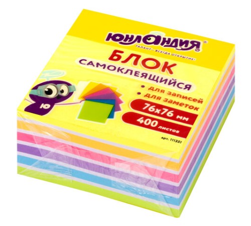 Блок самоклеящийся (стикеры) ЮНЛАНДИЯ НЕОНОВЫЙ 76х76 мм, 400 листов, 7 цветов, 111351