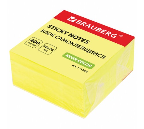 Блок самоклеящийся (стикеры) BRAUBERG НЕОНОВЫЙ 76х76 мм, 400 листов, желтый, 111352