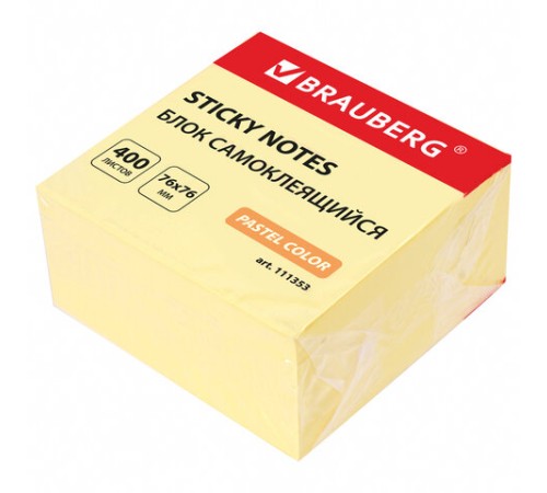 Блок самоклеящийся (стикеры) BRAUBERG 76х76 мм, 400 листов, желтый, 111353