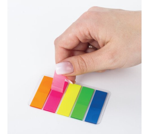 Закладки клейкие неоновые ЮНЛАНДИЯ, 45х12 мм, 100 штук (5 цветов х 20 листов), на пластиковом основании, 111354