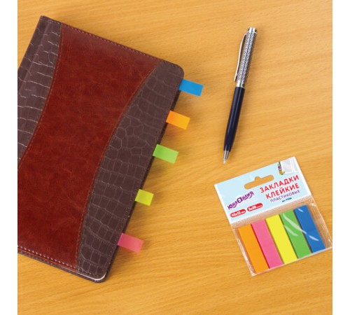 Закладки клейкие неоновые ЮНЛАНДИЯ, 45х12 мм, 100 штук (5 цветов х 20 листов), на пластиковом основании, 111354