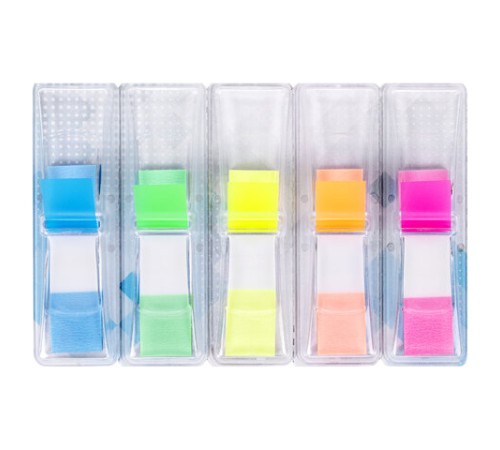 Закладки клейкие неоновые BRAUBERG, 45х12 мм, 125 штук (5 цветов х 25 листов), в пластиковых диспенсерах, 111356