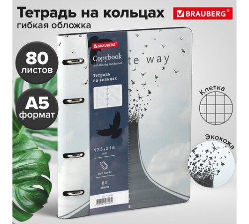 Тетрадь на кольцах А5 (180х220 мм), 80 листов, под кожу, клетка, BRAUBERG VISTA, Infinite way, 112132