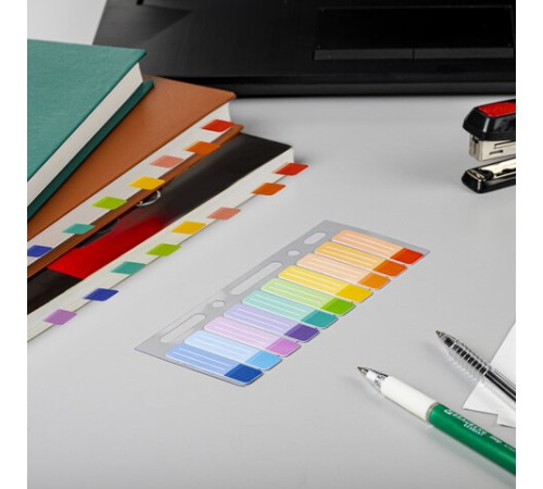 Закладки клейкие BRAUBERG, 44х12 мм, 100 штук (10 цветов х 10 листов), на пластиковой линейке 15 см, 112428