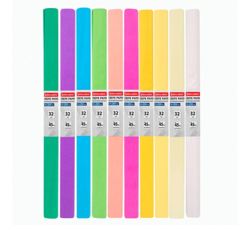 Бумага гофрированная/креповая, 32 г/м2, 50х250 см, НАБОР 10 рулонов, пастель, BRAUBERG, 112557