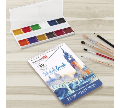 Скетчбук, ватман ГОЗНАК 200 г/м2, 142х212 мм, 20 л., гребень, твердая обложка, BRAUBERG ART CLASSIC, 112977