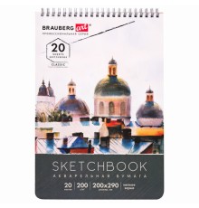 Скетчбук, акварельная бумага 200 г/м2, 200х290 мм, 20 л., гребень, твердая обложка, BRAUBERG ART, 112980