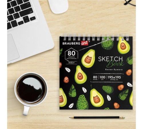 Скетчбук белая бумага 100 г/м2 195х195 мм, 80 л., гребень, твердая обложка, BRAUBERG ART DEBUT, 112986