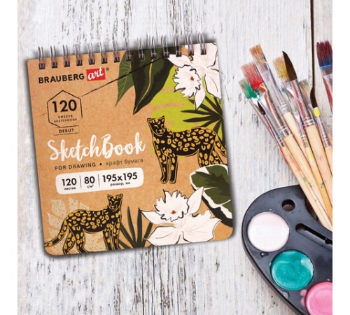 Скетчбук, крафт-бумага 80 г/м2, 195х195 мм, 120 л., гребень, твердая обложка, BRAUBERG ART DEBUT, 113000