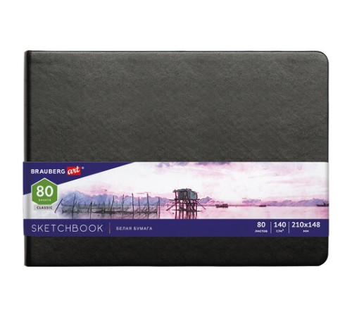 Скетчбук, белая бумага 140 г/м2 210х148 мм, 80 л., КОЖЗАМ, резинка, BRAUBERG ART CLASSIC, черный, 113182