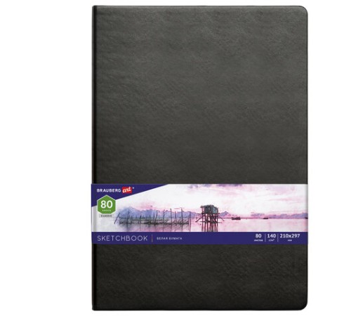 Скетчбук, белая бумага 140 г/м2 210х297 мм, 80 л., КОЖЗАМ, резинка, BRAUBERG ART CLASSIC, черный, 113184
