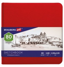 Скетчбук, слоновая кость 140 г/м2 120х120 мм, 80 л., КОЖЗАМ, резинка, BRAUBERG ART CLASSIC, красный, 113190