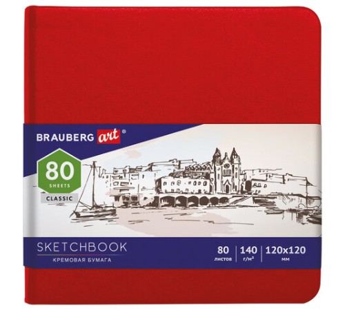 Скетчбук, слоновая кость 140 г/м2 120х120 мм, 80 л., КОЖЗАМ, резинка, BRAUBERG ART CLASSIC, красный, 113190