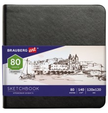 Скетчбук, слоновая кость 140 г/м2 120х120 мм, 80 л., КОЖЗАМ, резинка, BRAUBERG ART CLASSIC, черный, 113191