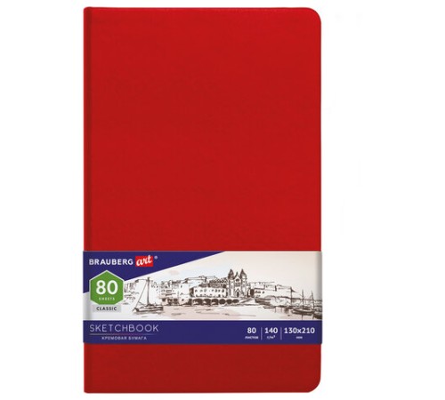 Скетчбук, слоновая кость 140 г/м2 130х210 мм, 80 л., КОЖЗАМ, резинка, BRAUBERG ART CLASSIC, красный, 113193