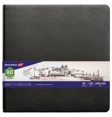 Скетчбук, слоновая кость 140 г/м2 200х200 мм, 80 л., КОЖЗАМ, резинка, BRAUBERG ART CLASSIC, черный, 113196