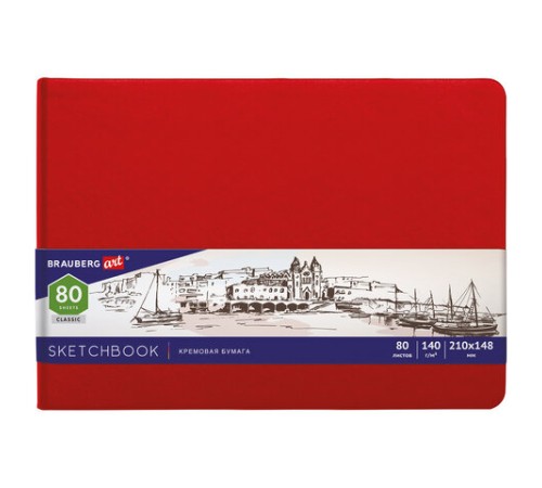 Скетчбук, слоновая кость 140 г/м2 210х148 мм, 80 л., КОЖЗАМ, резинка, BRAUBERG ART CLASSIC, красный, 113197