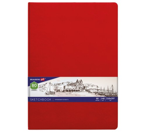 Скетчбук, слоновая кость 140 г/м2 210х297 мм, 80 л., КОЖЗАМ, резинка, BRAUBERG ART CLASSIC, красный, 113199