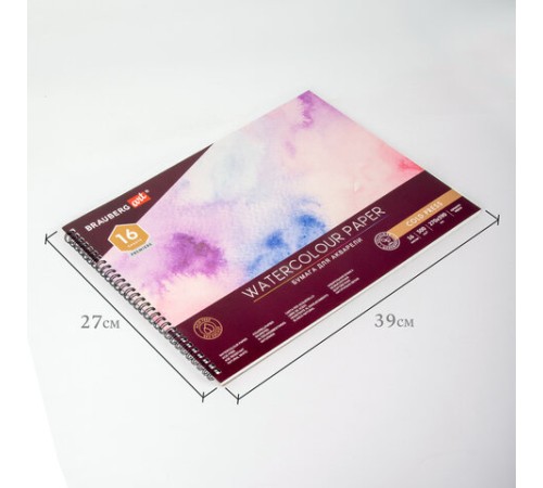 Альбом для акварели, бумага 300 г/м2, 270х390 мм, среднее зерно, 16 листов, гребень, BRAUBERG ART PREMIERE, 113213