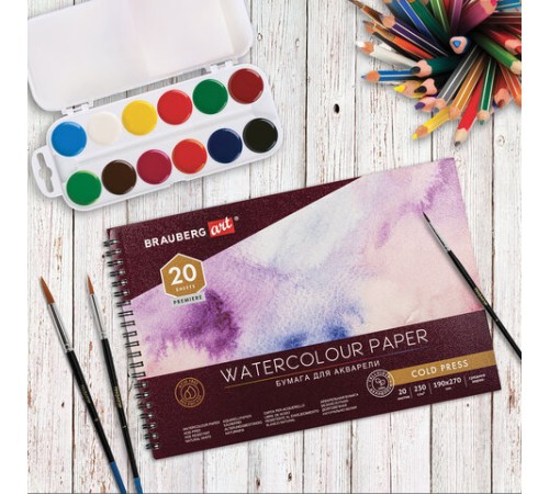 Альбом для акварели, бумага 230 г/м2, 190х270 мм, среднее зерно, 20 листов, гребень, BRAUBERG ART PREMIERE, 113215